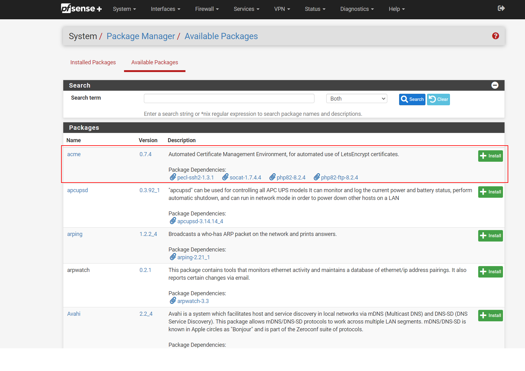 Installer Acme package pfSense