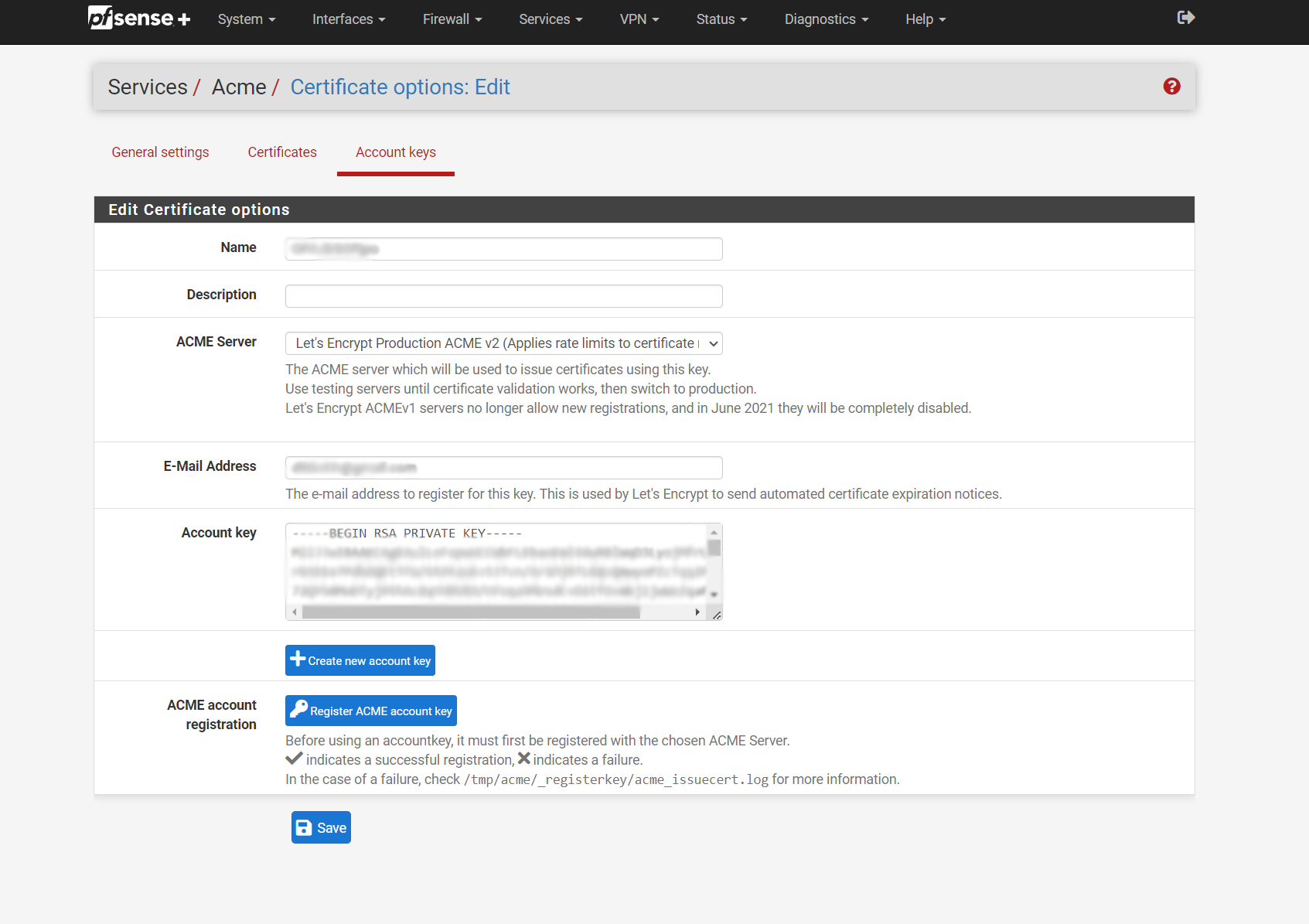 Opret ACME Account key PFSENSE